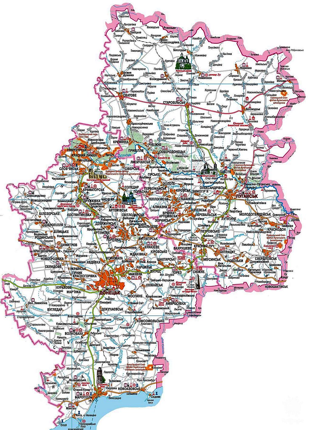 Карта донецкой и луганской республик подробная с городами